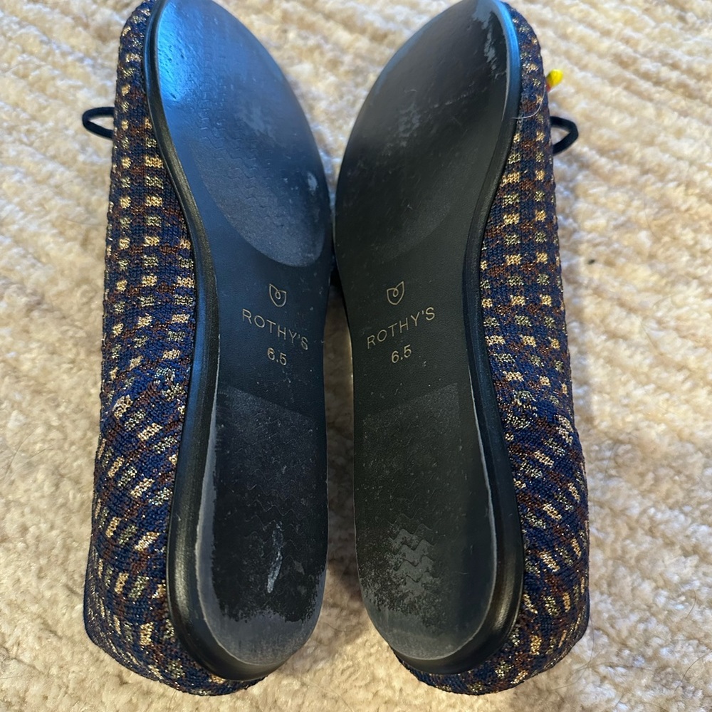 Rothy’s The Flat Ballet 6.5 Navy Metallic Checkered Knit Round Toe Bow Shoes - Picture 5 of 5